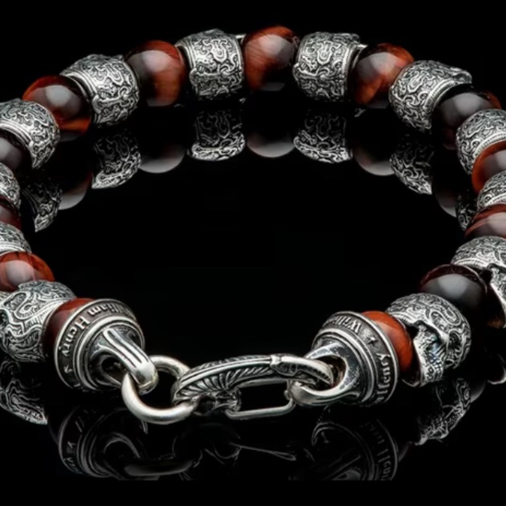 WILLIAM HENRY SCULPTED STERLING SILVER BRACELET RED TIGER EYE BEADS - Picture 7 of 15